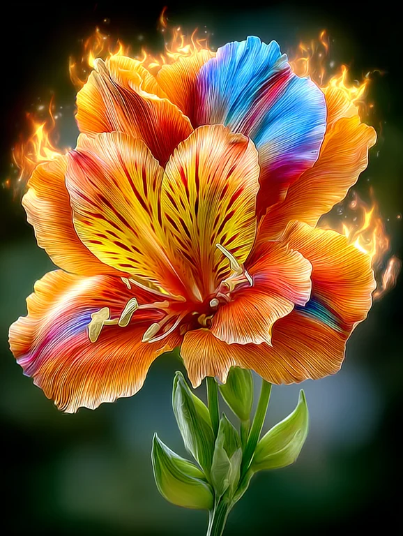 A vibrant Alstroemeria flower is depicted with its petals ablaze in