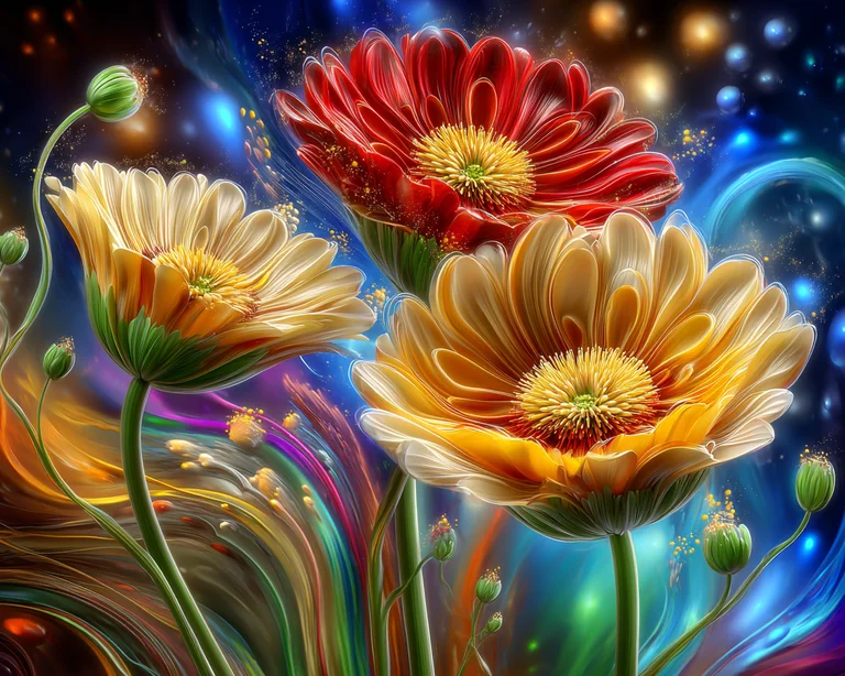 Three vibrant gerbera daisies are depicted in a close-up, almost