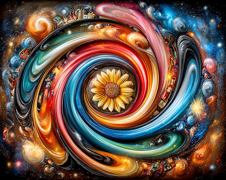 A vibrant, swirling vortex of colors and light dominates the frame,