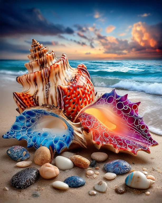 A collection of colorful seashells and smooth pebbles are arranged on