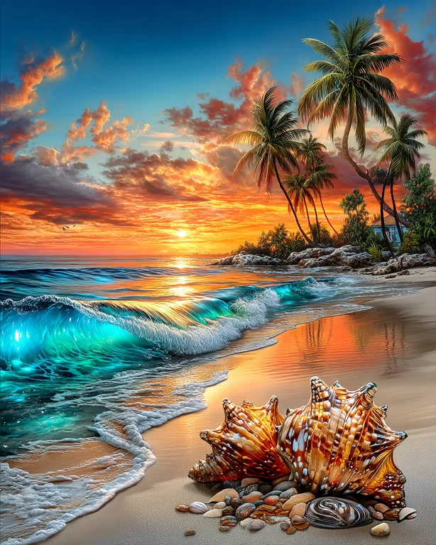 Two large, ornate seashells rest on a sandy beach, with a vibrant
