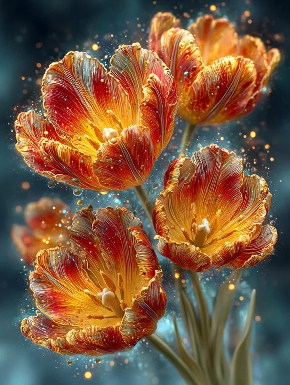 A close-up, macro view of several vibrant tulips in full bloom