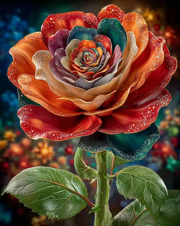 A highly detailed, multi-layered rose with petals in vibrant shades