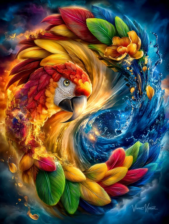 A vibrant macaw is depicted in a dynamic yin-yang formation,