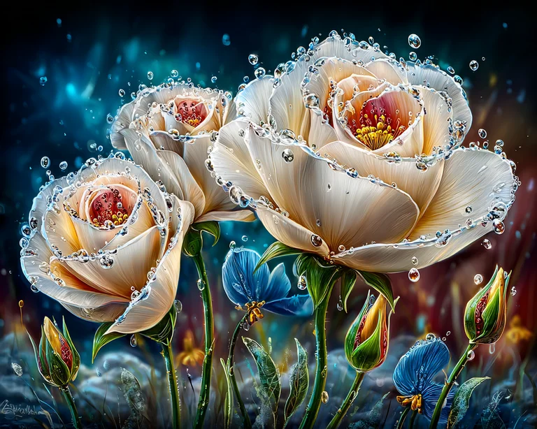 A close-up, macro view of several white roses adorned with glistening