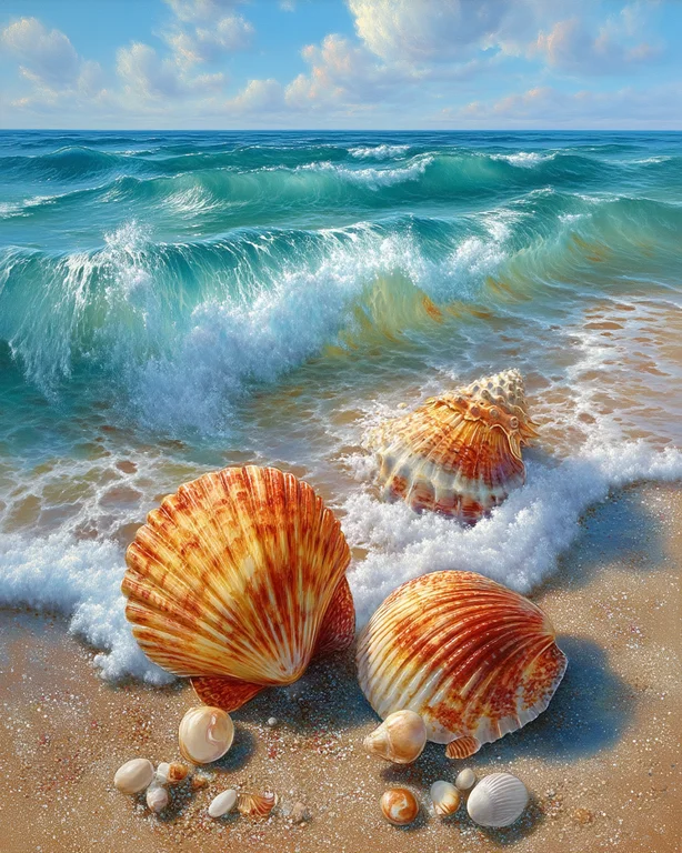 Several large, colorful seashells are scattered on a sandy beach,
