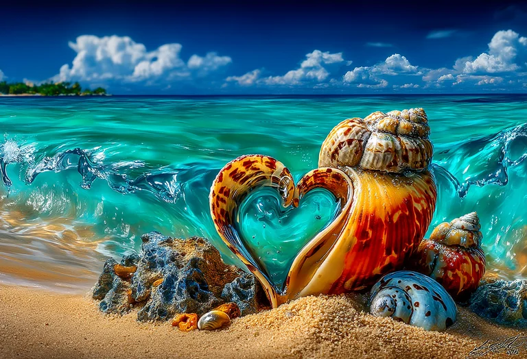 A heart-shaped seashell rests on a sandy beach, with a turquoise wave