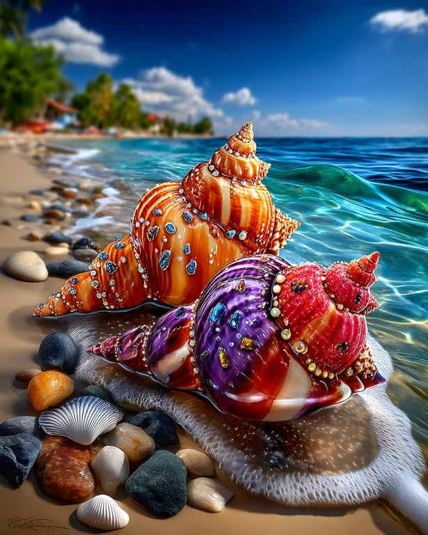 Two ornate, jewel-encrusted seashells rest on a sandy beach,