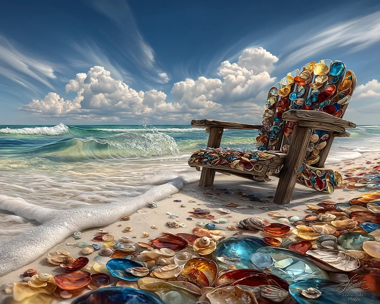 An Adirondack chair sits on a sandy beach, adorned with colorful
