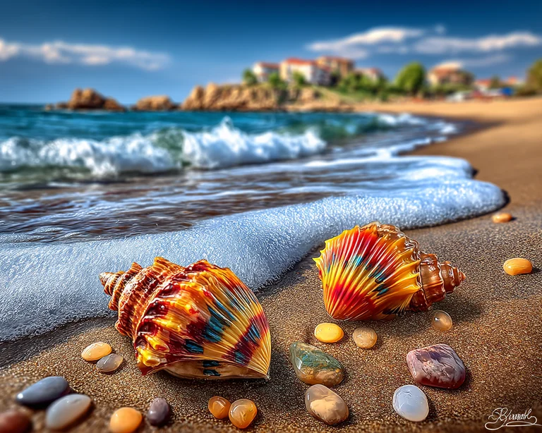 Two vibrantly colored seashells rest on a sandy beach, with gentle