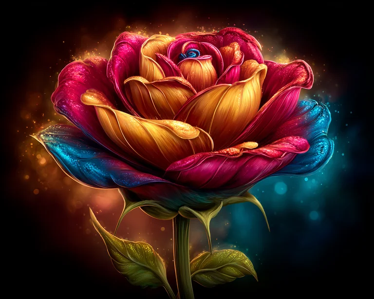 A vibrant, multi-colored rose is depicted in stunning detail against