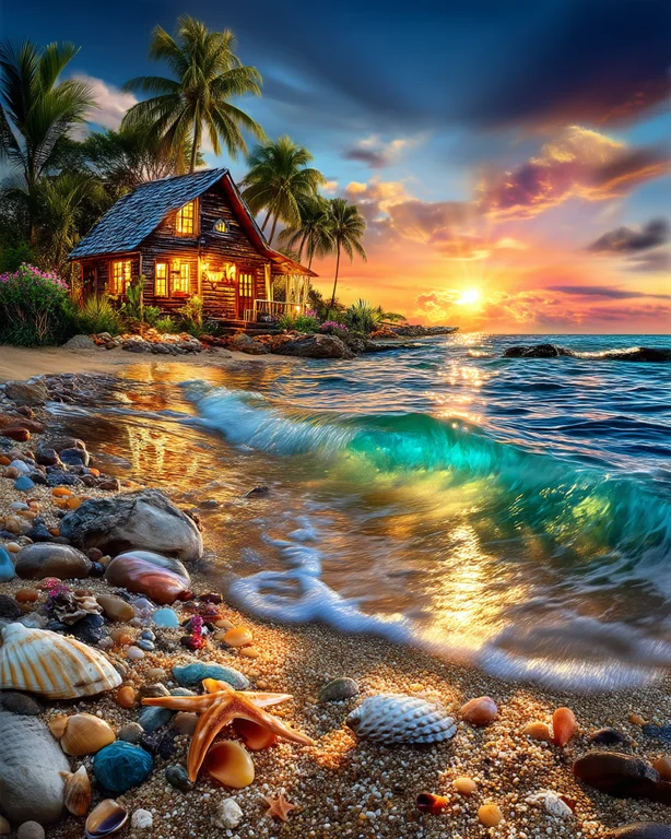 A cozy wooden cabin sits on a tropical beach at sunset