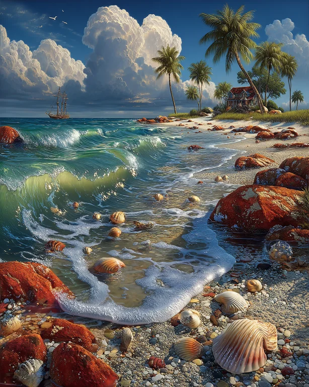 A serene tropical beach scene unfolds with crystal-clear turquoise