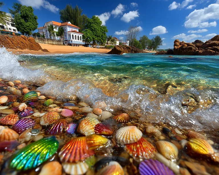 A vibrant, low-angle view of a tropical beach shoreline