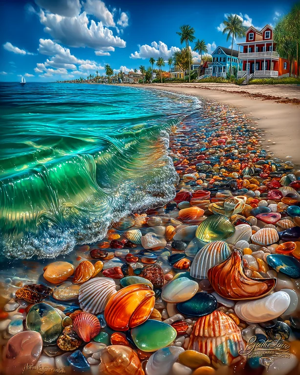 A vibrant beach scene with a crystal-clear wave crashing onto a shore