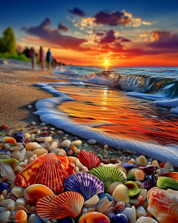 A vibrant beach scene at sunset, with colorful seashells and pebbles