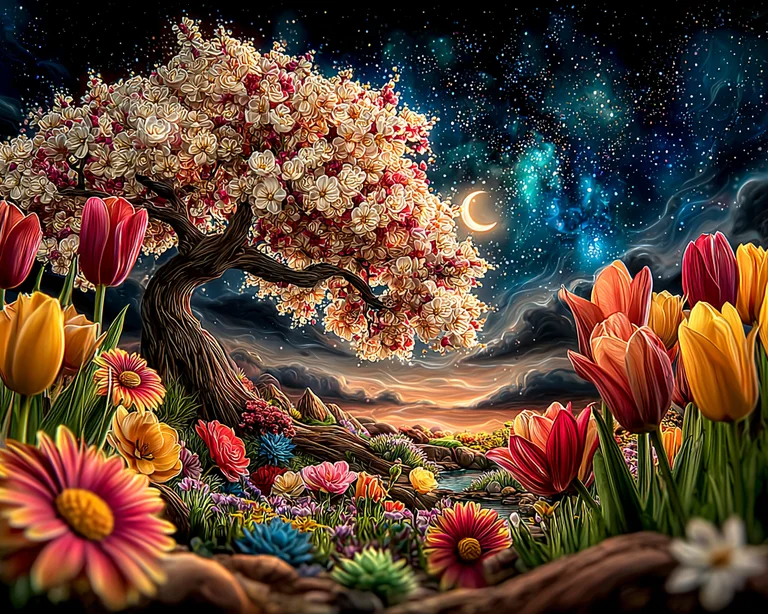 A vibrant fantasy landscape unfolds under a starry night sky