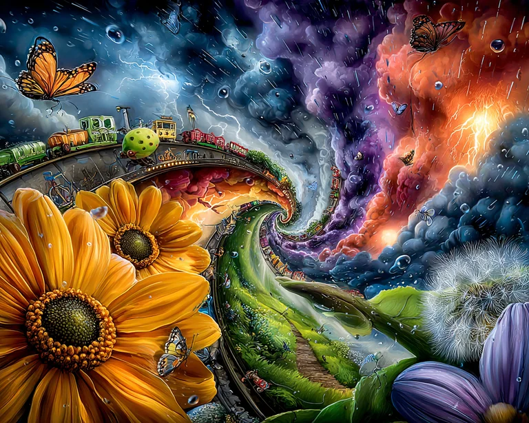 A surreal landscape depicts a swirling vortex of contrasting weather