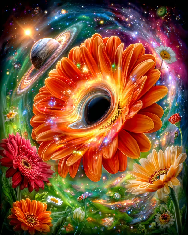 A surreal cosmic scene where a vibrant orange gerbera daisy