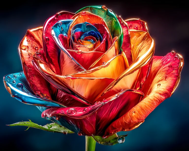 A close-up, photorealistic image of a single rose with petals that