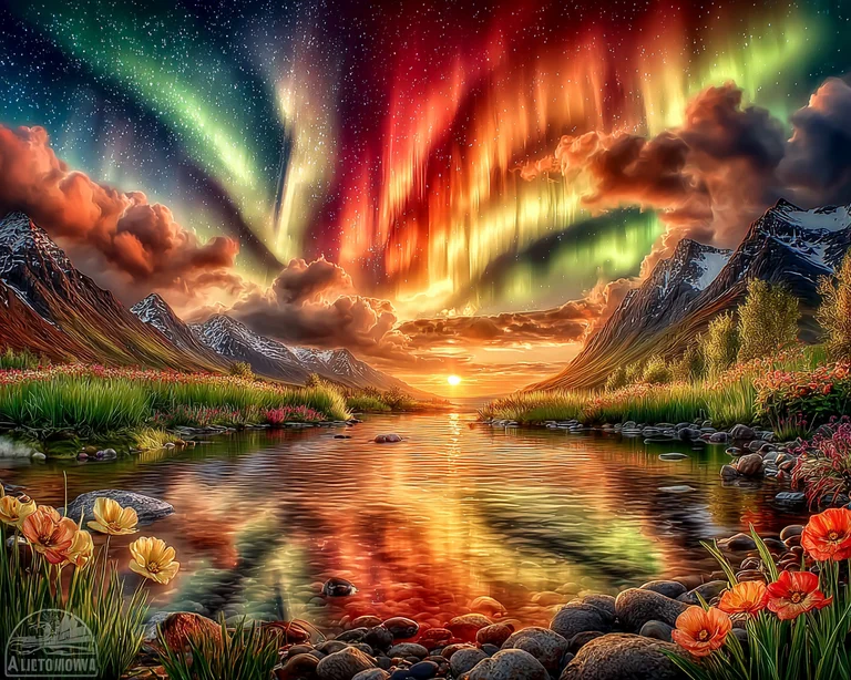 A breathtaking natural landscape unfolds under a vibrant aurora