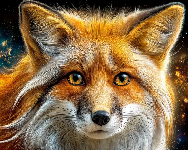 A close-up portrait of a majestic fox's face against a dark, starry