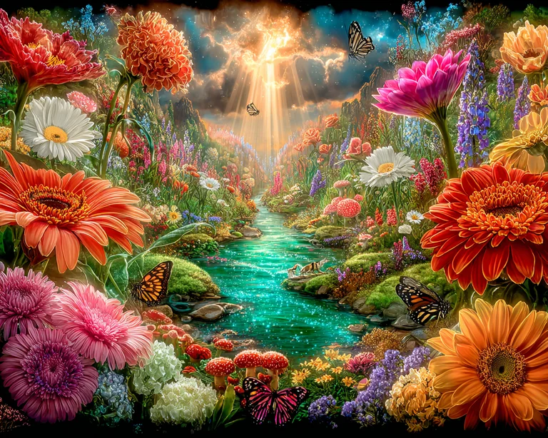 A vibrant and magical fantasy landscape unfolds with a sparkling