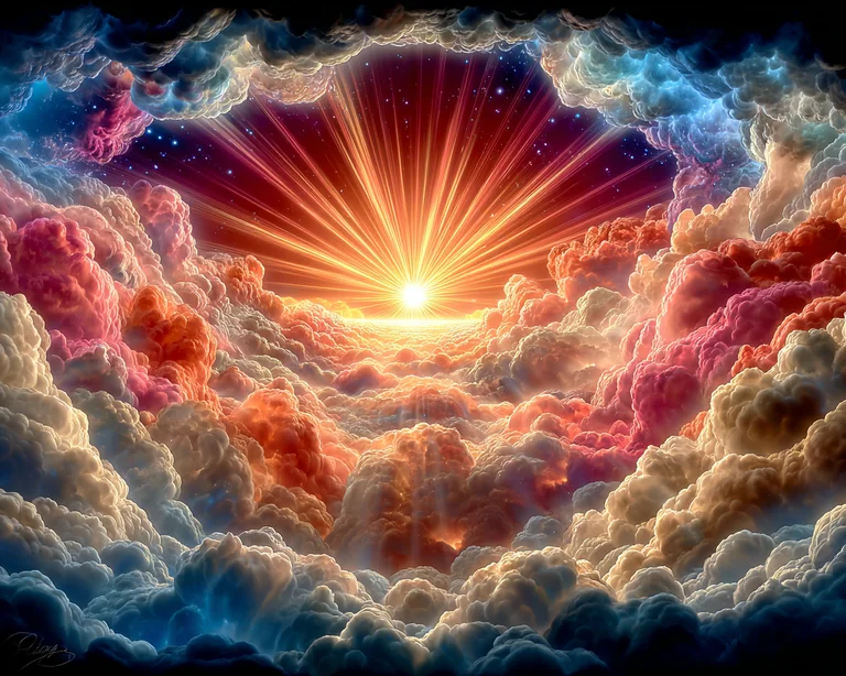 A vibrant and ethereal scene of a sunburst radiating light through a