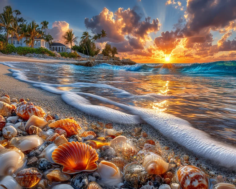A breathtaking tropical beach at sunset, with the sun casting golden