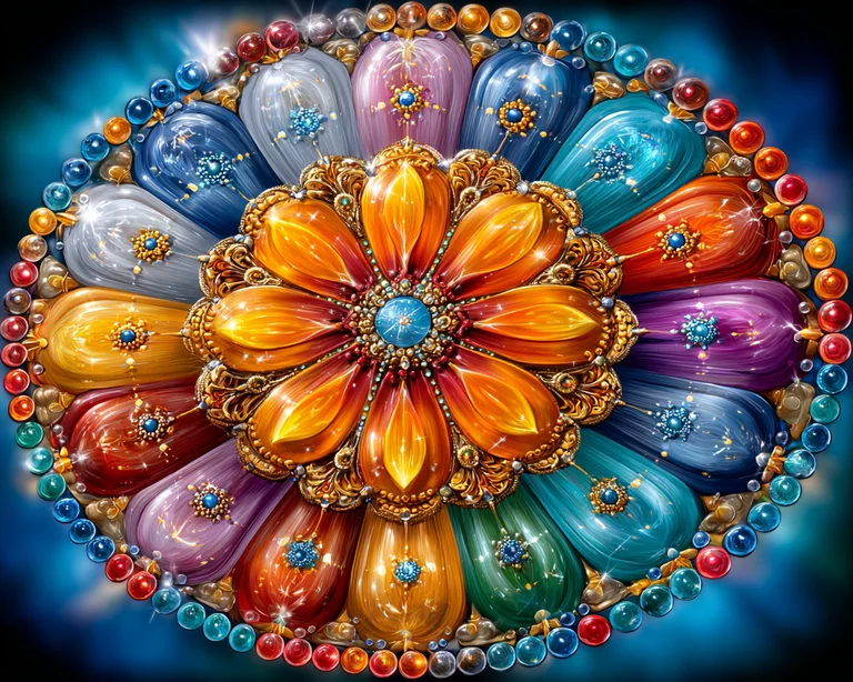 A vibrant, intricate mandala-like design is presented, resembling a