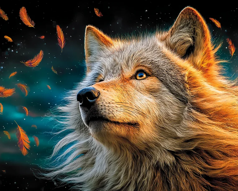 A close-up portrait of a wolf's head, looking upwards with a