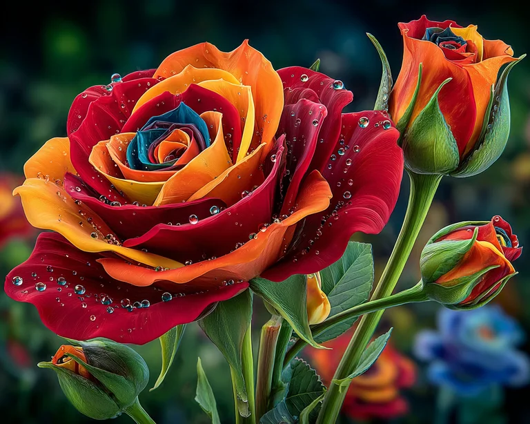 A vibrant, multi-colored rose is covered in glistening water droplets