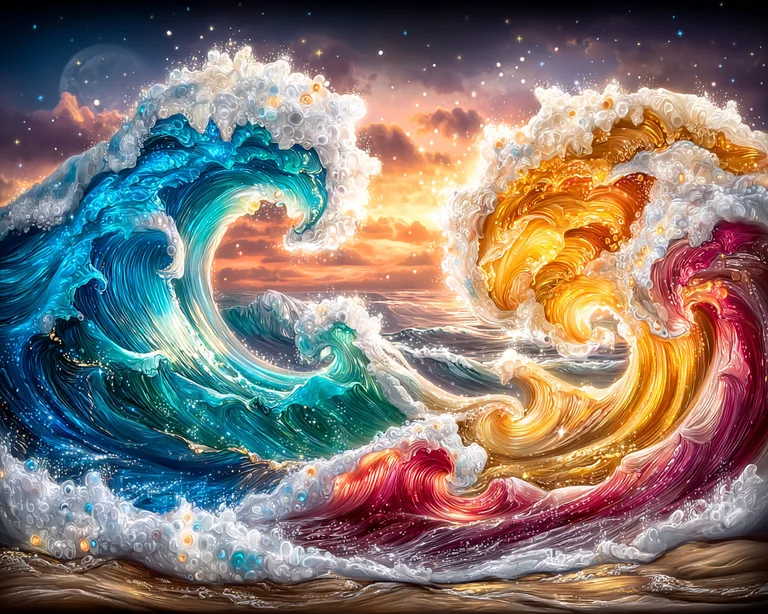 Two colossal waves, one a vibrant turquoise and the other a fiery