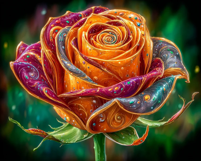 A highly detailed, ornate rose with petals that appear to be made of