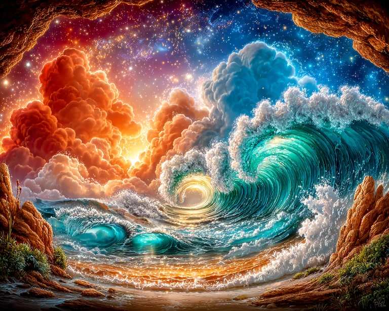 A dramatic fantasy scene depicts a cosmic ocean with swirling waves