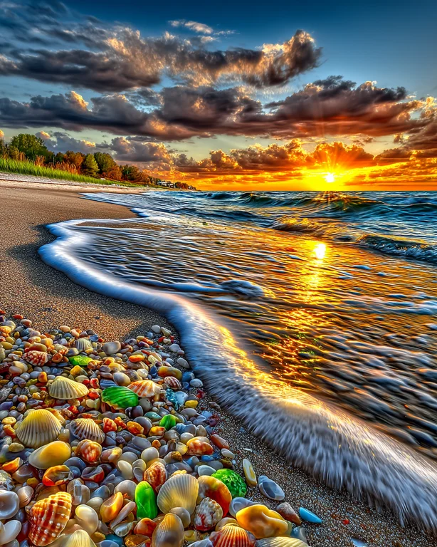A vibrant beach scene at sunset, with the sun casting golden rays