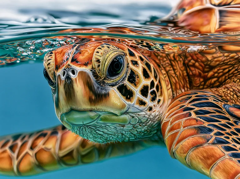 A close-up, photorealistic image captures a sea turtle swimming just