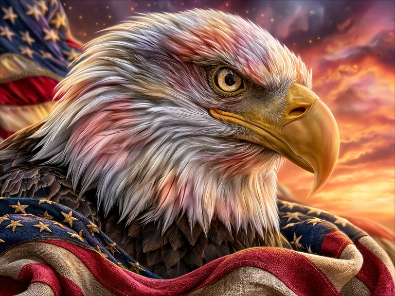 A majestic bald eagle is depicted in a close-up portrait, draped in