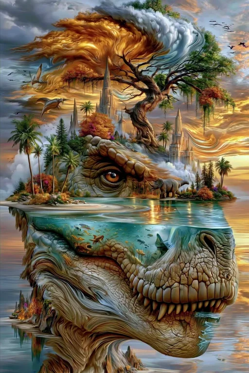 A surreal landscape is depicted as the head of a colossal dragon,