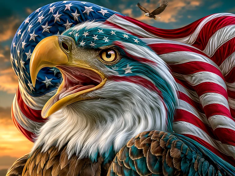 A majestic bald eagle, its head and chest adorned with the colors and