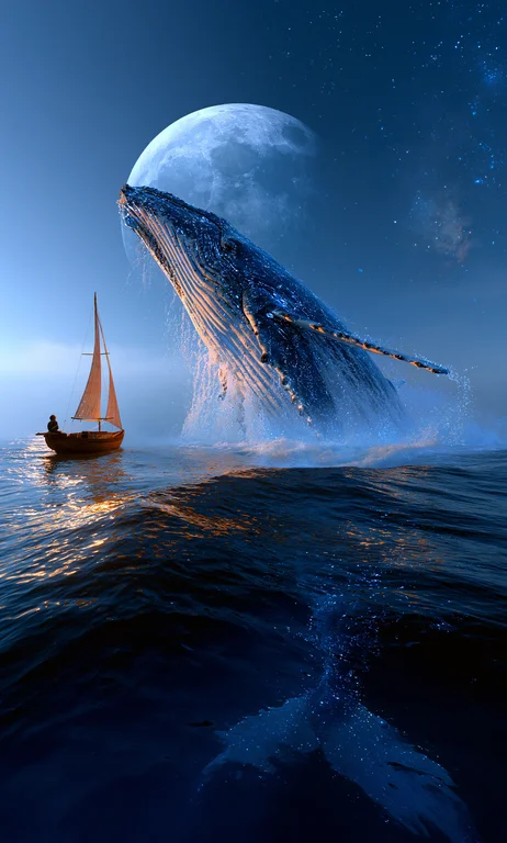 A majestic humpback whale breaches dramatically from the ocean's