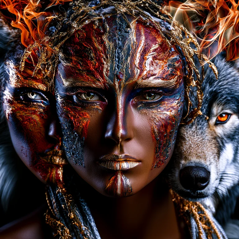 A striking portrait of a woman adorned with intricate, fiery face