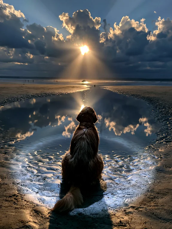 A golden retriever sits on a wet sandy beach, looking out at the