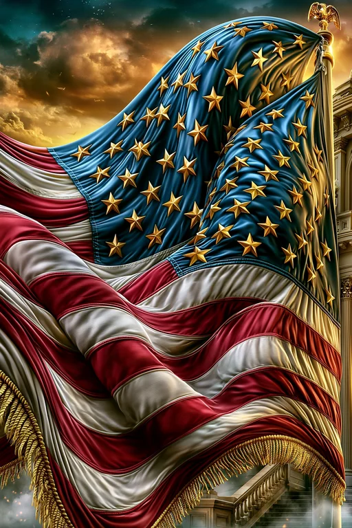 A majestic American flag is dramatically unfurled, its stars and