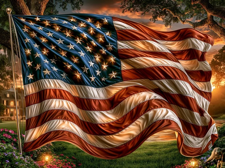 A majestic American flag waves proudly in the foreground, set against