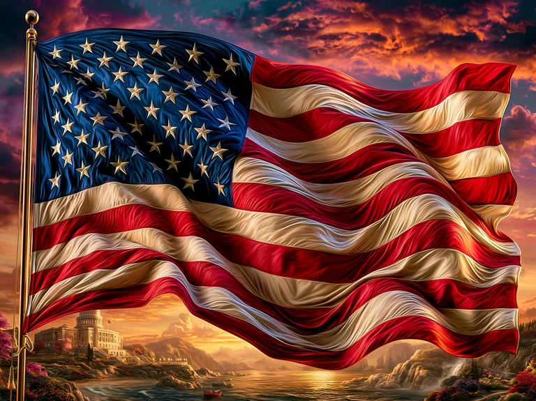 A majestic American flag waves proudly in the foreground against a