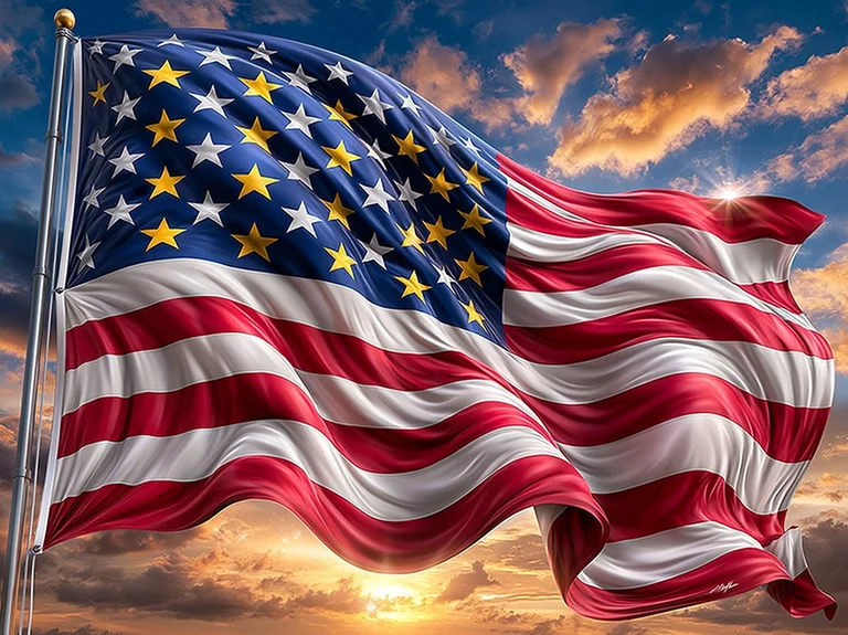 A majestic American flag waves proudly against a dramatic sky