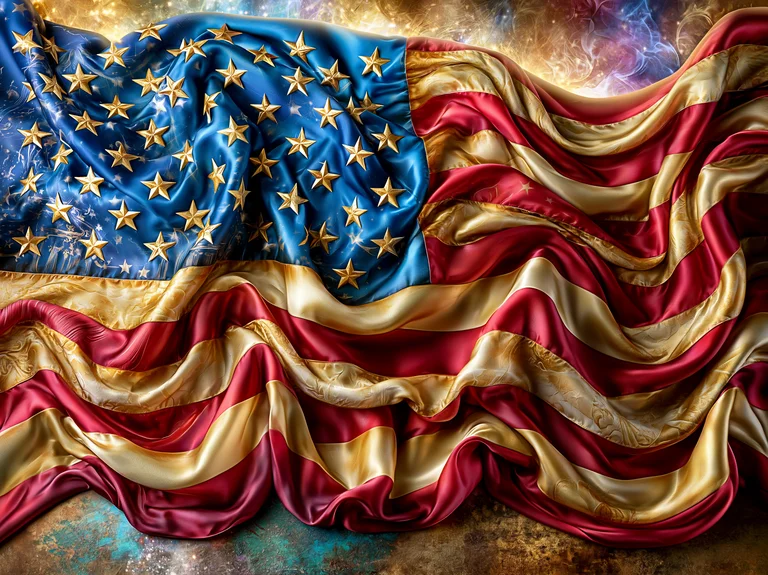 A richly textured, flowing American flag is depicted in a dramatic,