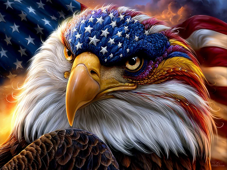 A majestic bald eagle is depicted with its head and chest prominently