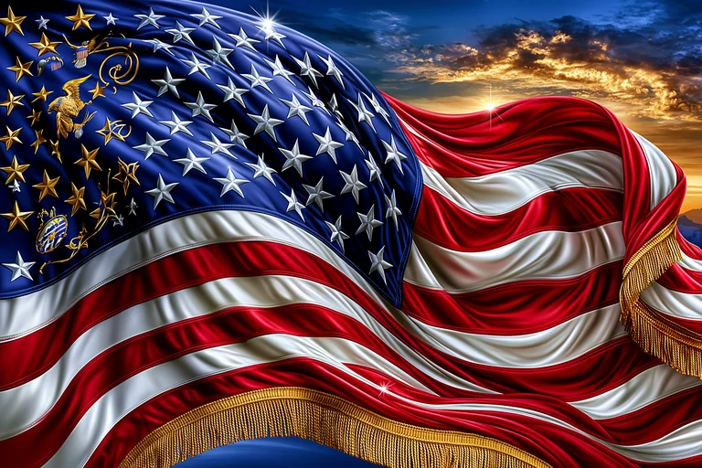 A close-up, dynamic view of the American flag waving majestically